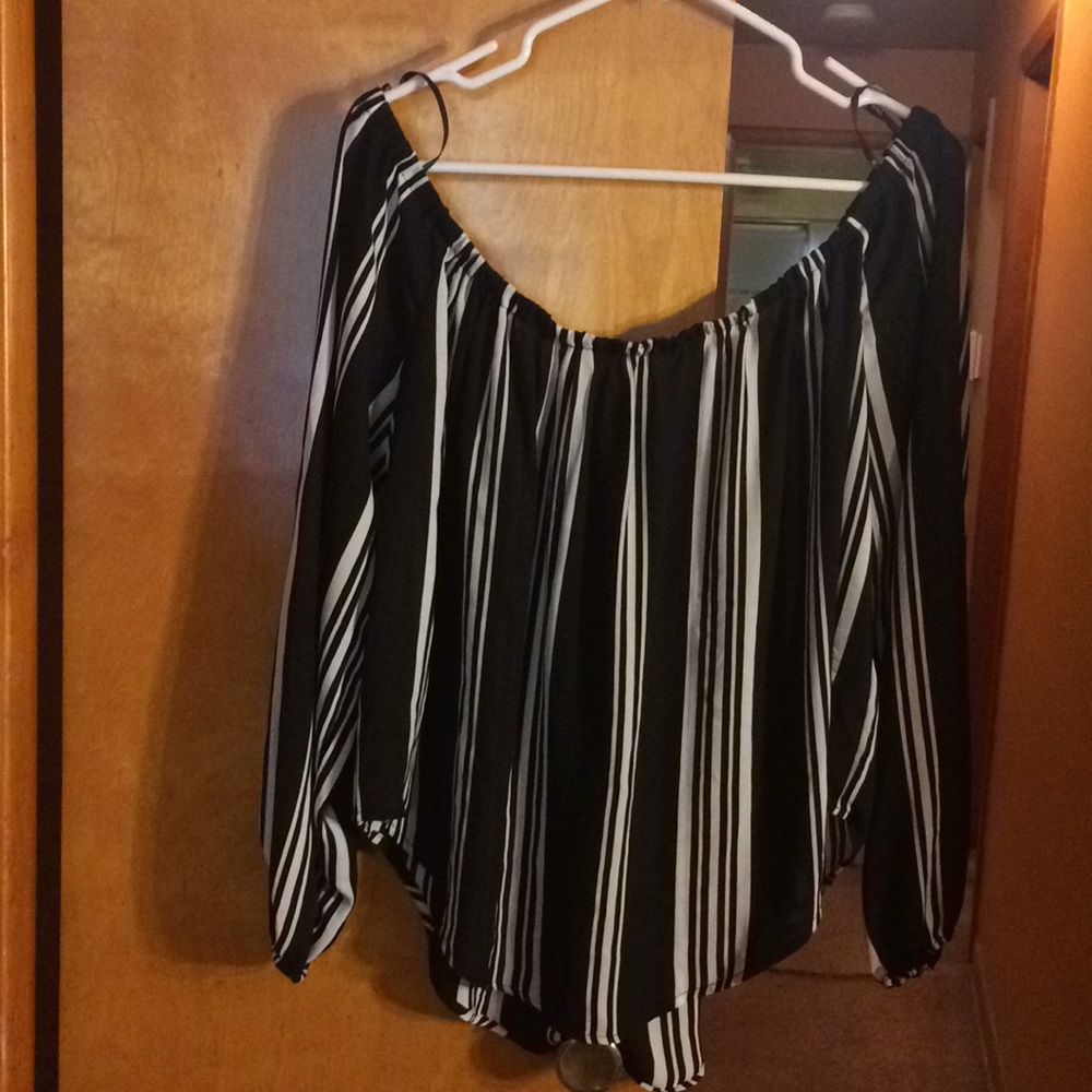 Off shoulder black top with white vertical stripes